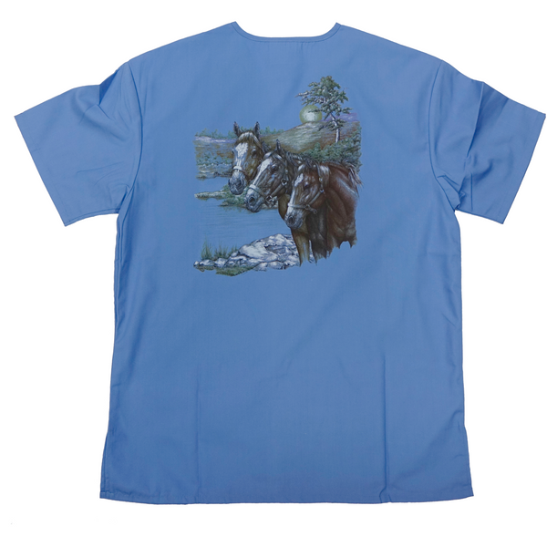 Customizable Medical/Veterinary Scrub Tops with Wildlife Art in Ceil Blue