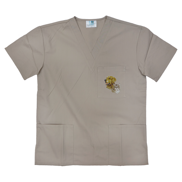 Customizable Medical/Veterinary Scrub Tops with Wildlife Art in Khaki